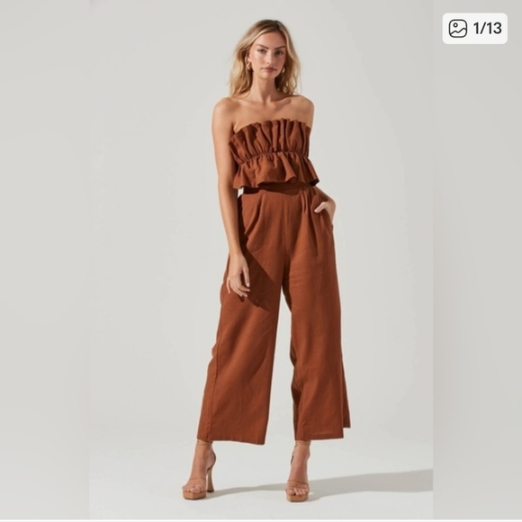 Astr the label Pants - ASTR the label ruffle top jumpsuit linen cotton rust brown size S